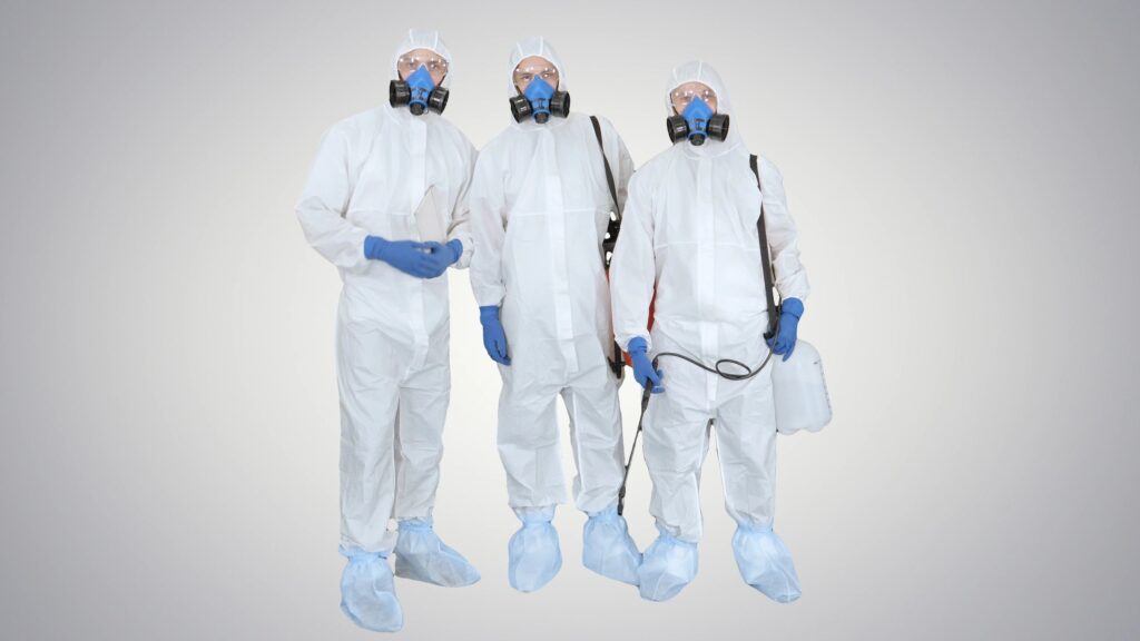 Professional cleaning team holding disinfectant supplies